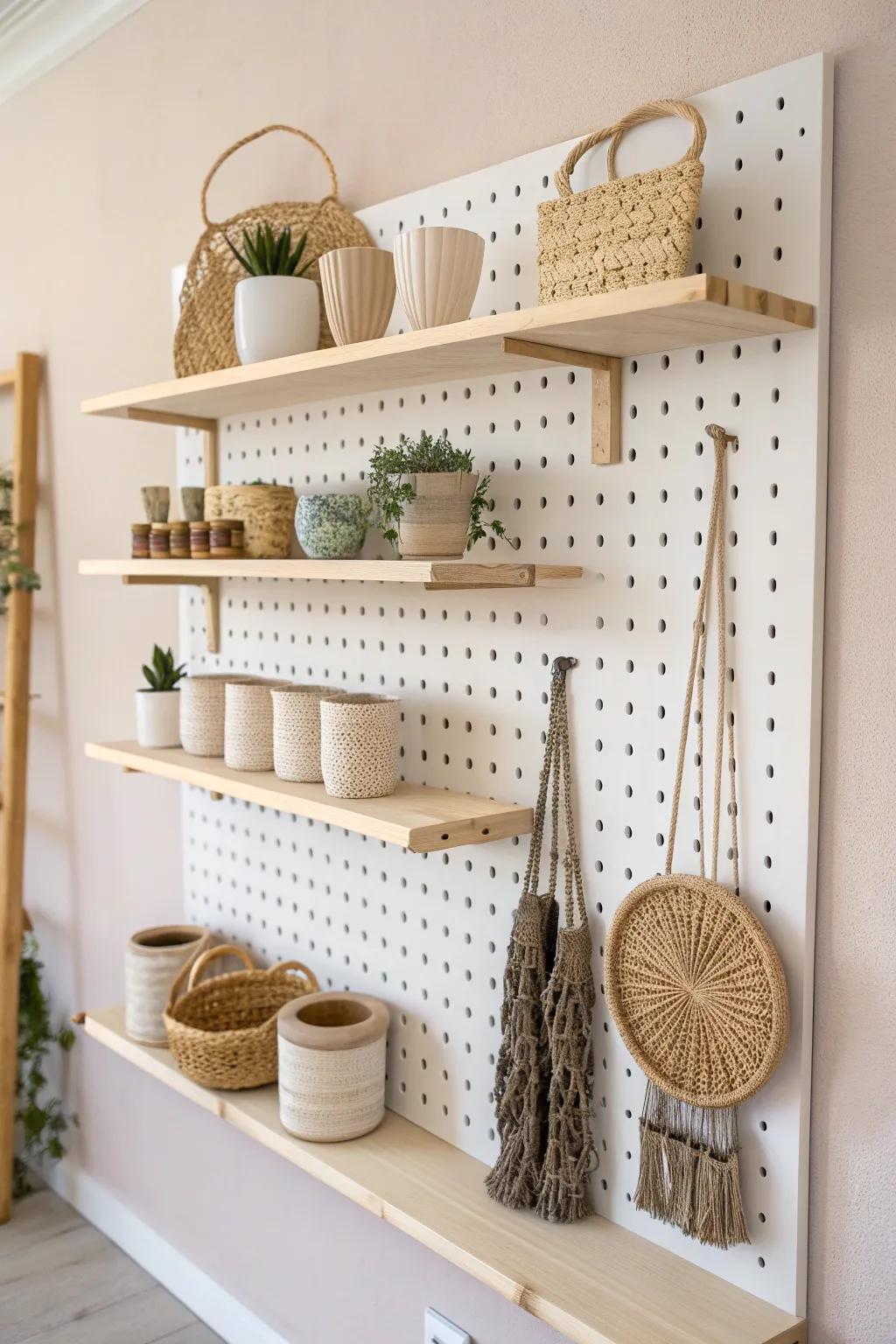 Transform your space with a beautifully crafted pegboard shelving system - where Scandinavian simplicity meets Boho charm.