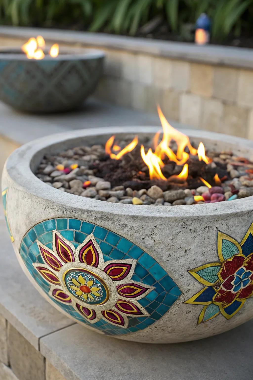 Ignite your space with a touch of artistry - a stunning mosaic tile fire bowl.