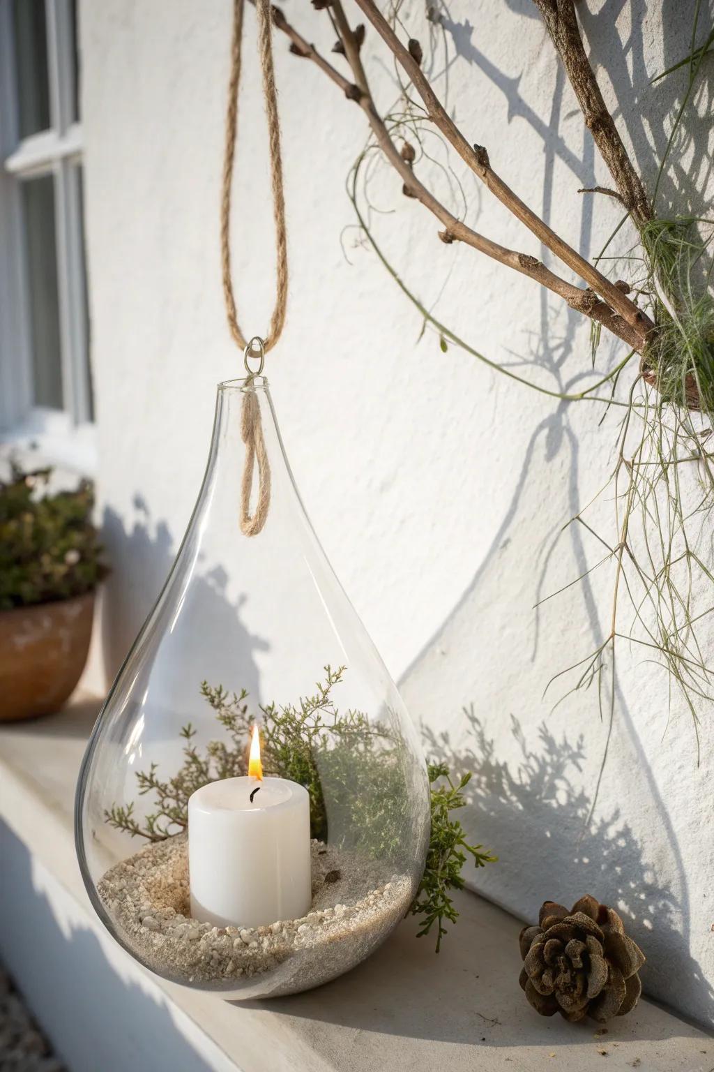 Illuminate your space with the enchanting glow of a hanging terrarium candle holder—a perfect blend of minimalist elegance and Boho charm.