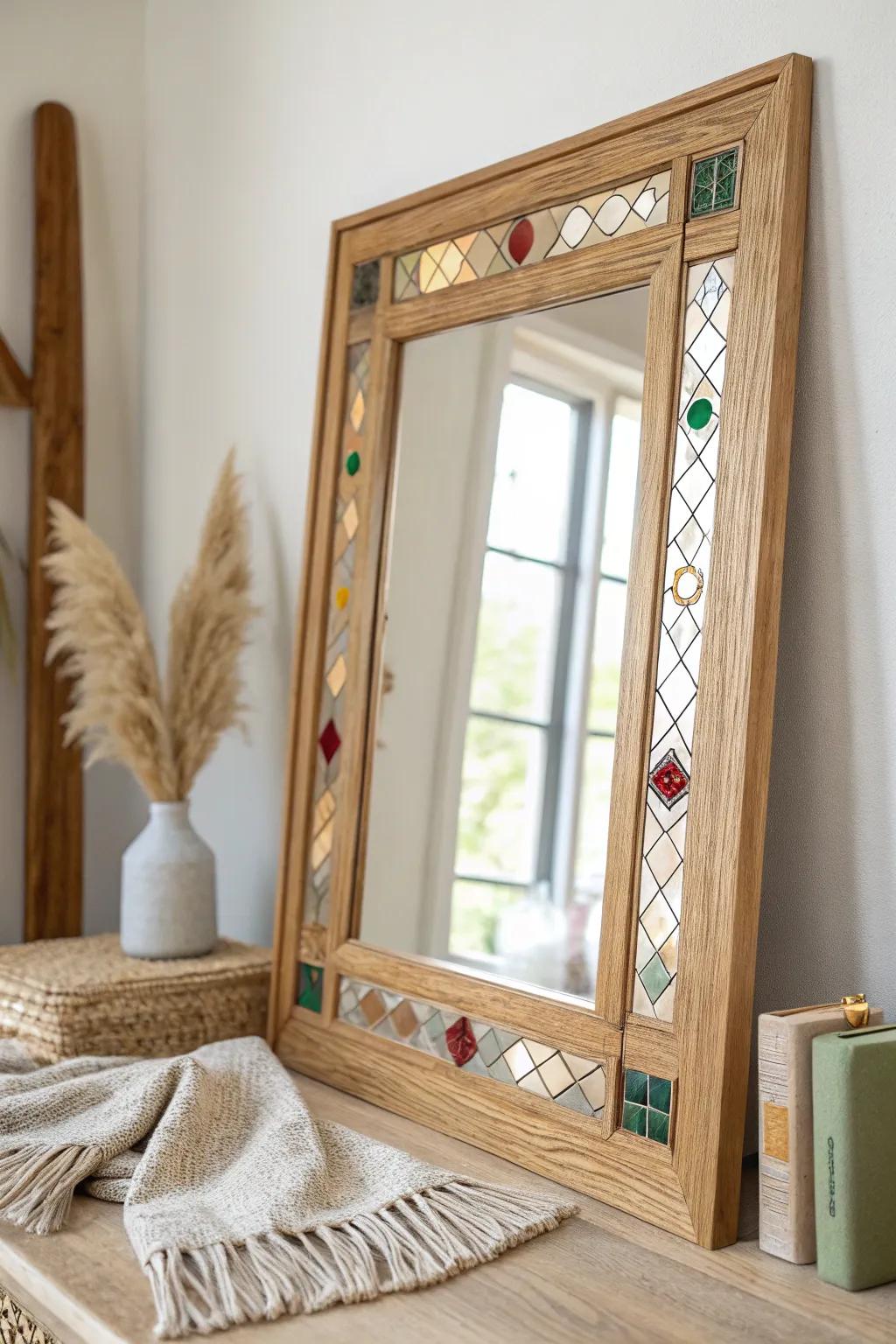 Add a splash of color and artistry to your space with a stained glass inlaid mirror frame.