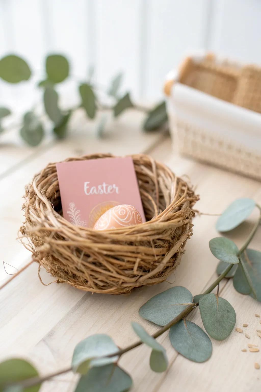 Embrace rustic elegance this Easter with a handcrafted woven nest for your gift card. Perfect for those who cherish simplicity and natural beauty.