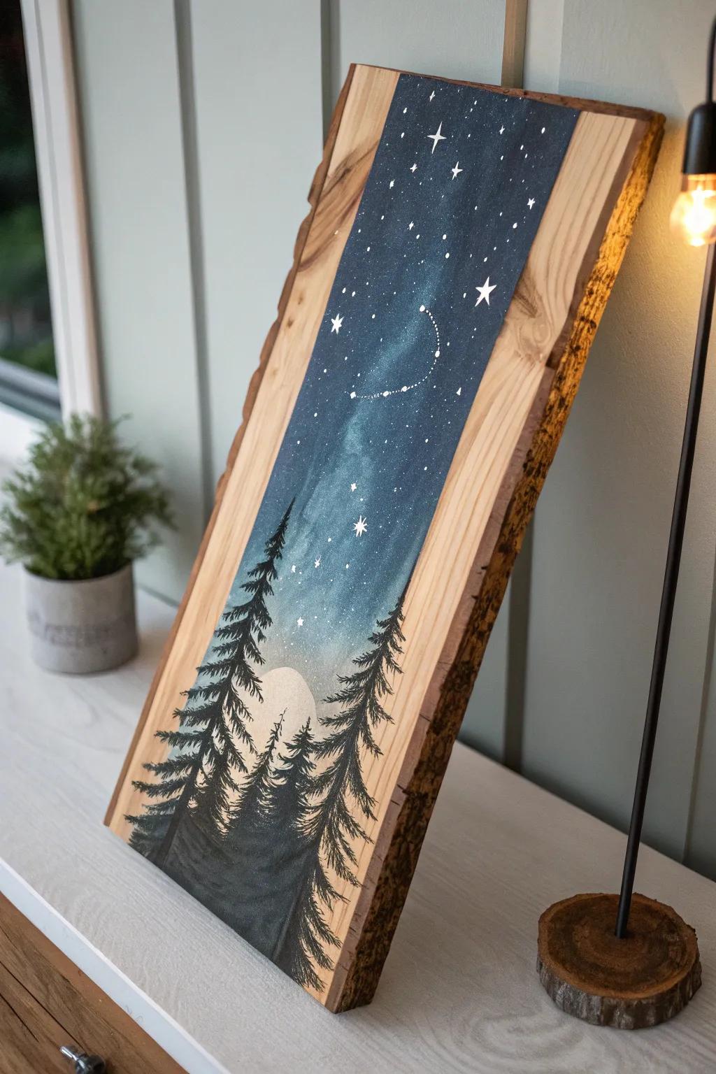 Capture the magic of a serene starry night with this minimalist wood plank painting, perfect for adding a touch of dreamy elegance to any space.