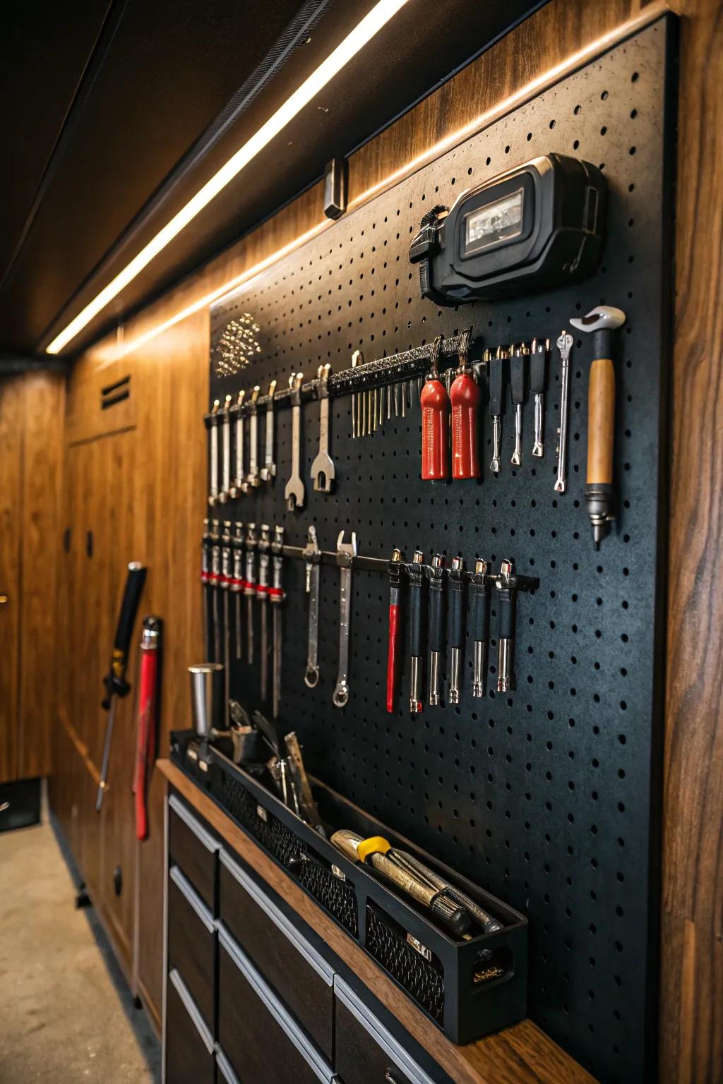 Master the art of organization with a pegboard wall that combines practicality with craftsmanship.