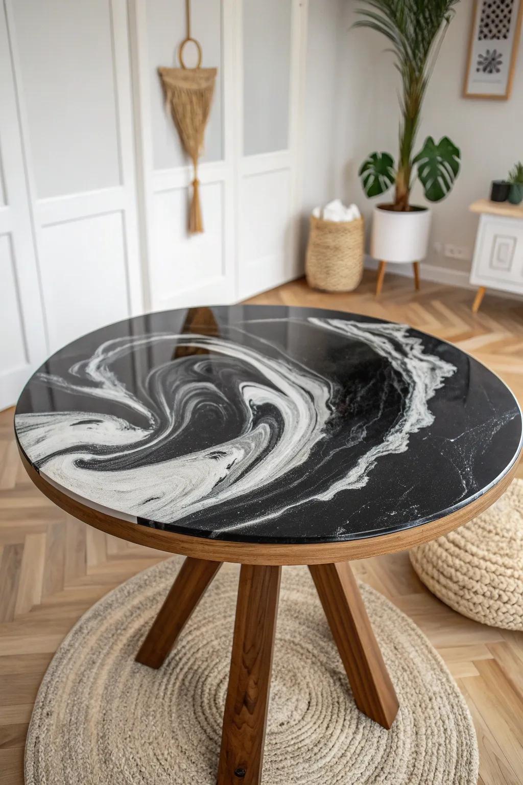 Elevate your space with the timeless elegance of a monochrome epoxy table top. #MinimalistMonochrome #ScandiBoho