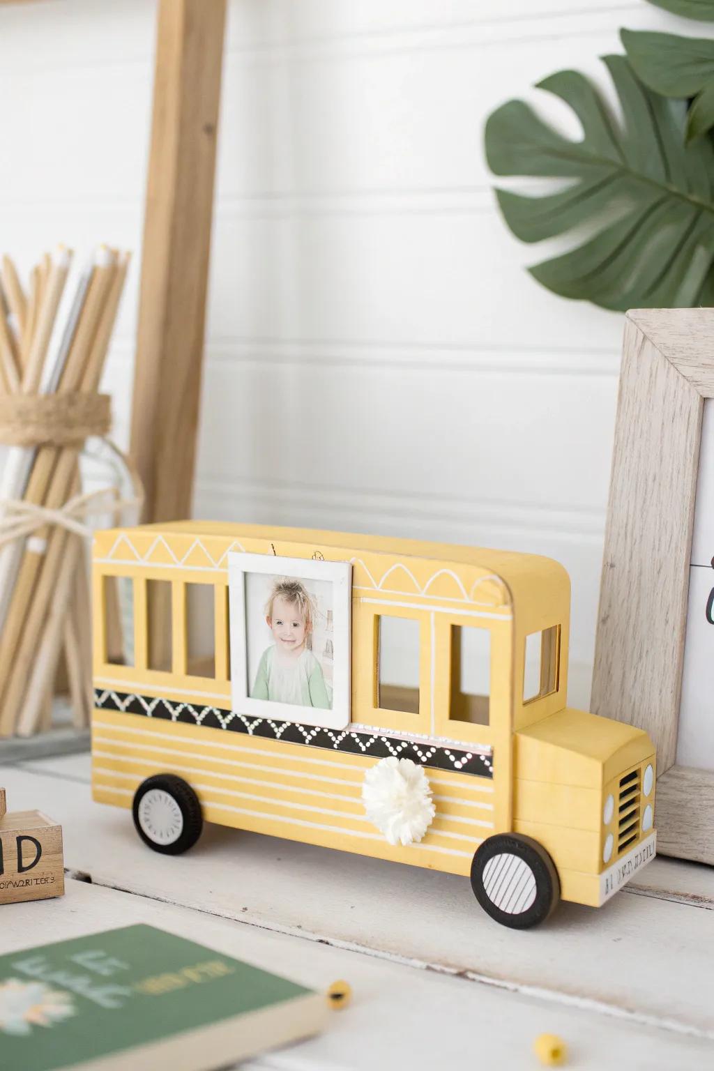 Capture the joy of the first day with a handmade school bus frame, where simplicity meets heartfelt memories.