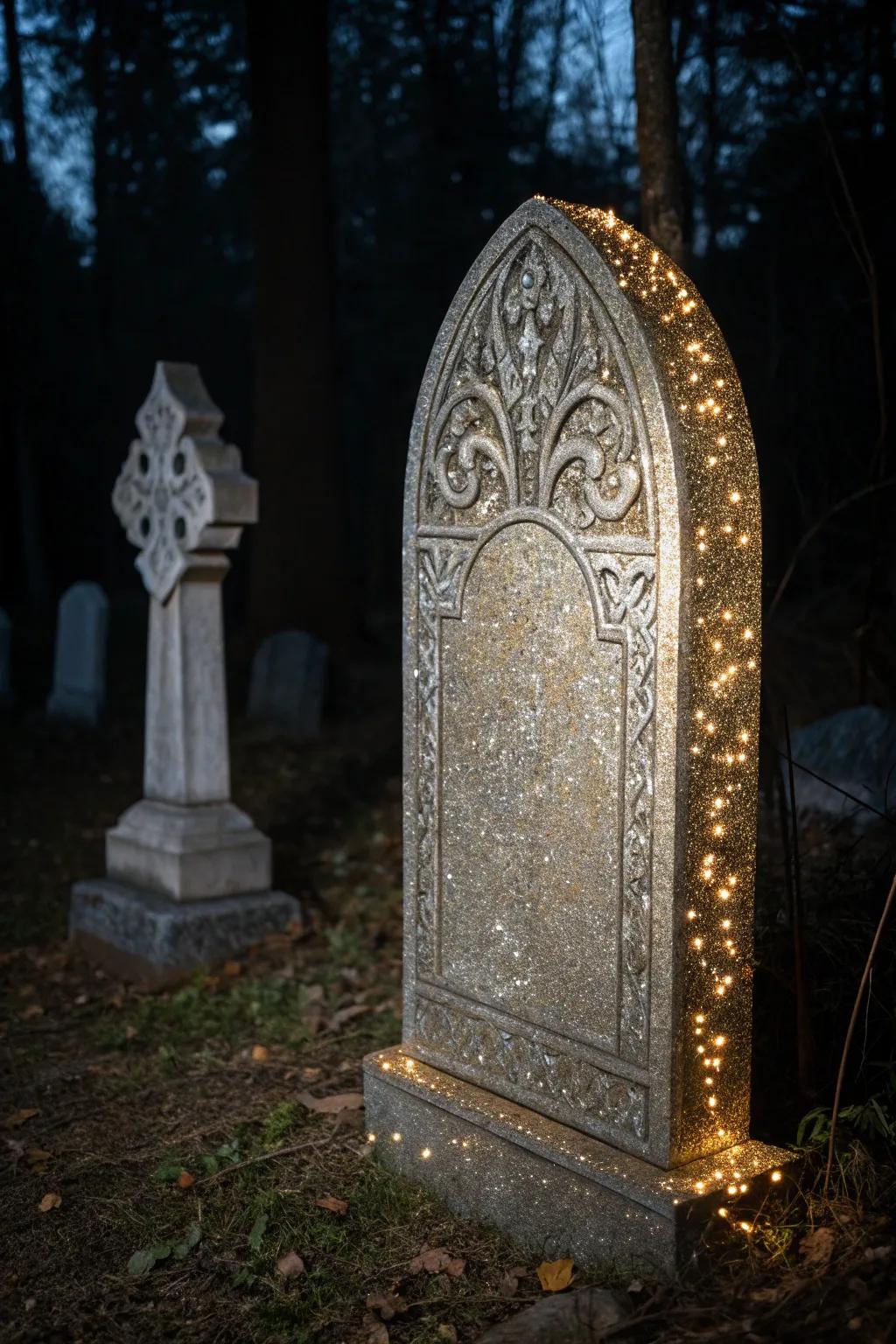Add a touch of elegance to your Halloween with a sparkling tombstone that combines glam and gothic charm.