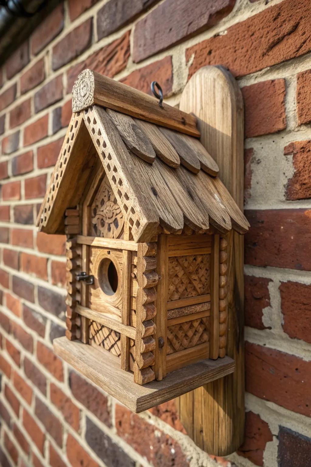 Elevate your garden style with a meticulously crafted birdhouse on a timeless brick canvas.