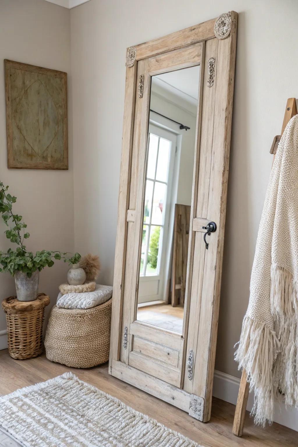 Transform old charm into new elegance with a standing mirror crafted from a vintage door.