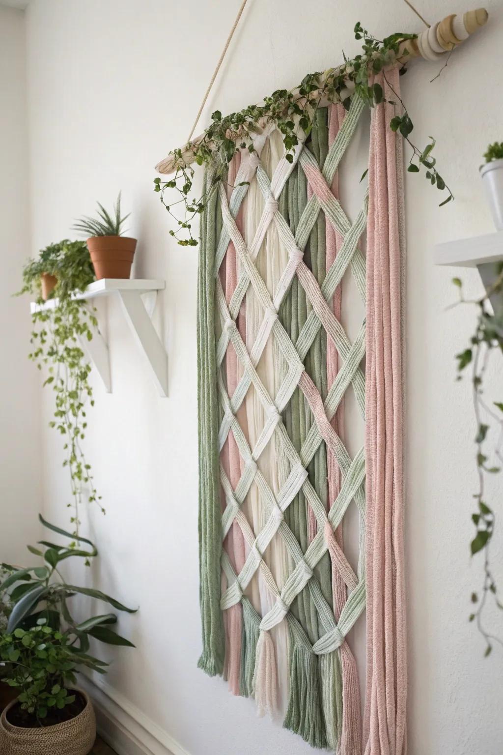 Add a splash of color and texture to your indoor garden with a chic fabric strip trellis. A perfect blend of boho and minimalist charm!