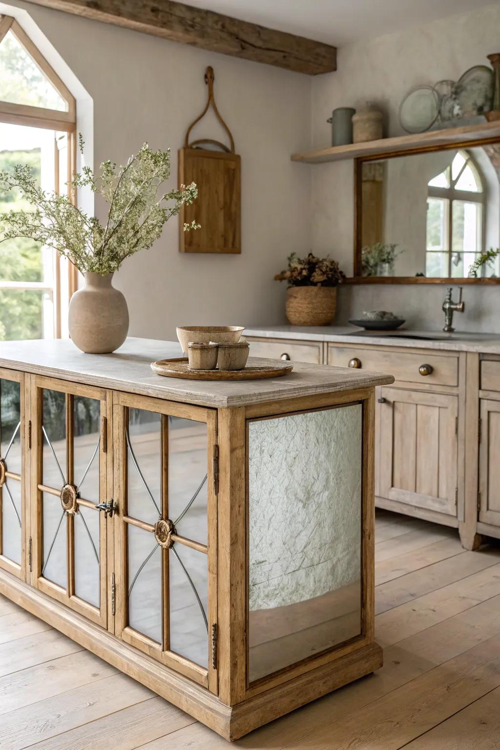 Transform your kitchen space with vintage mirrored panels for a touch of elegance and light.