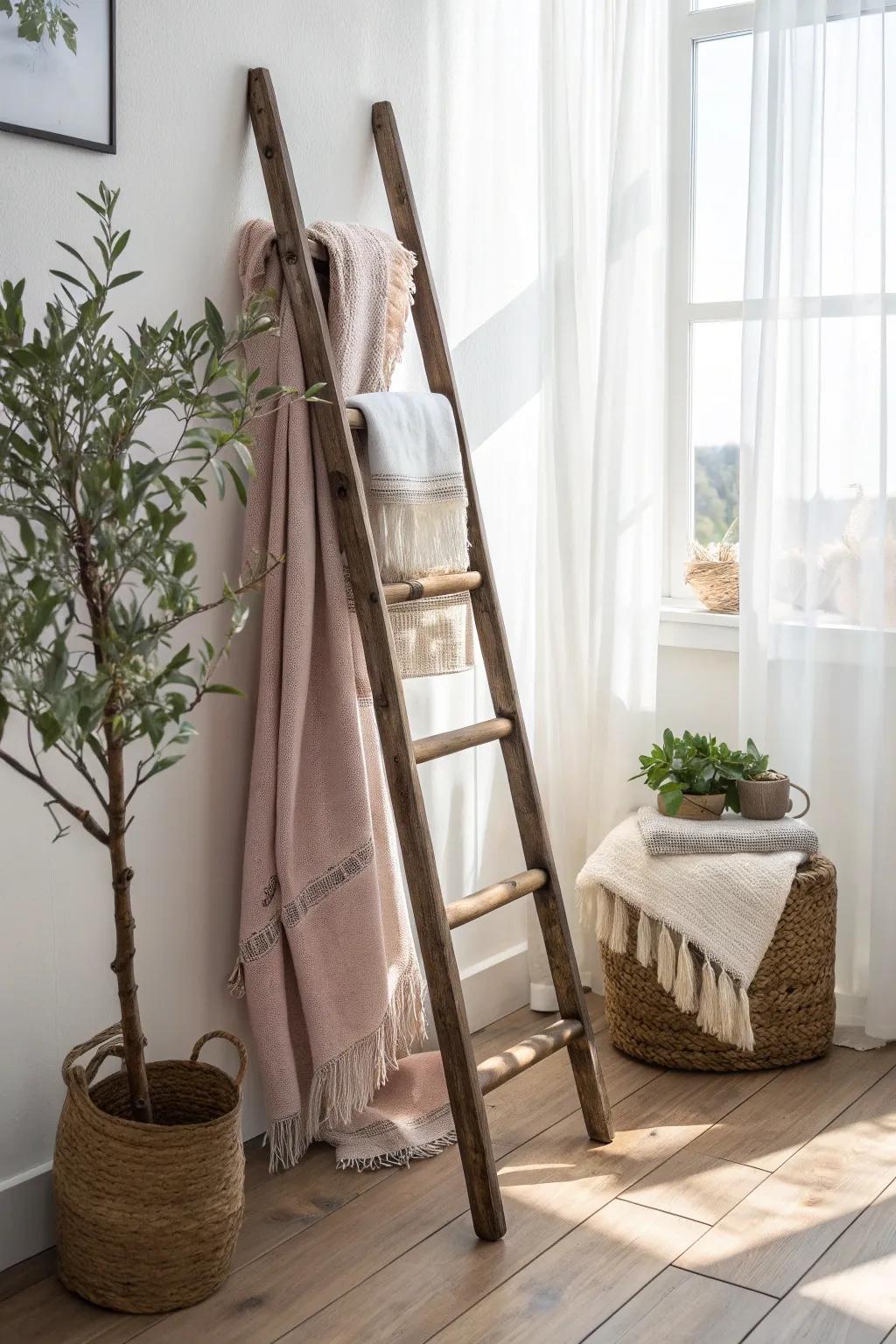 Add a touch of charm and functionality to your space with a vintage ladder for an unexpected decor twist.