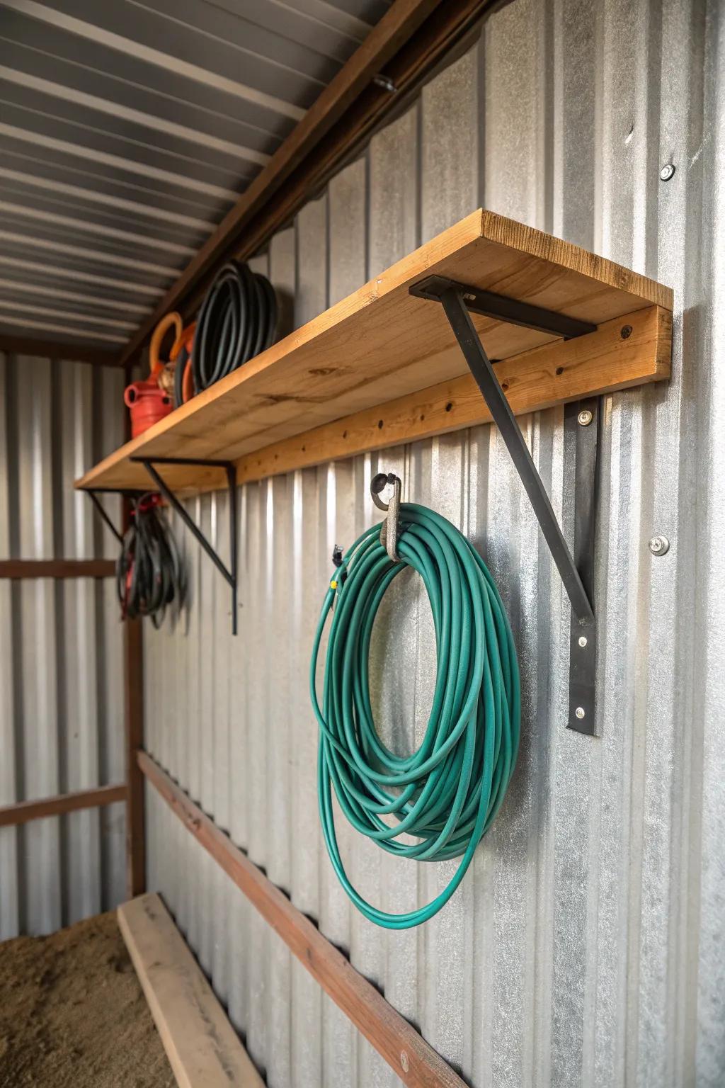 Elevate your shed organization: Sleek utility hooks maximize space and style.
