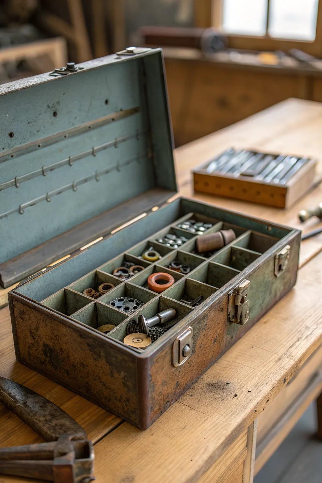 Rediscover the charm of an old toolbox—perfect for organizing your parts with style.
