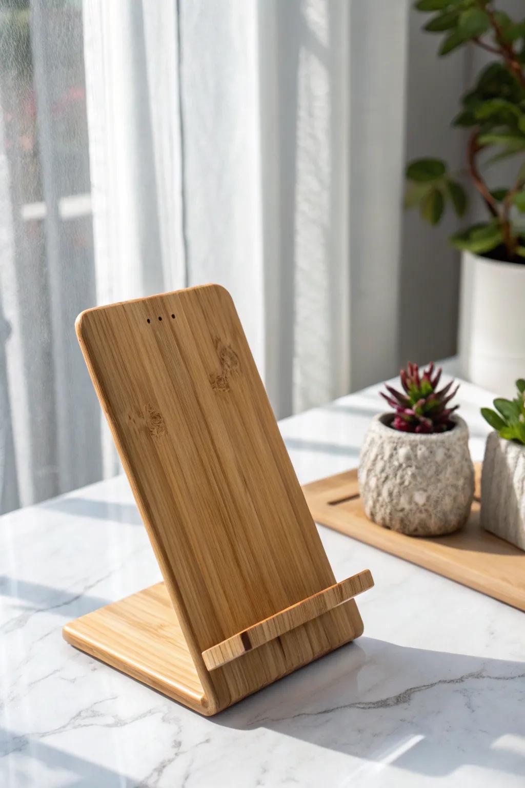 Embrace simplicity and elegance with this handcrafted bamboo phone stand.