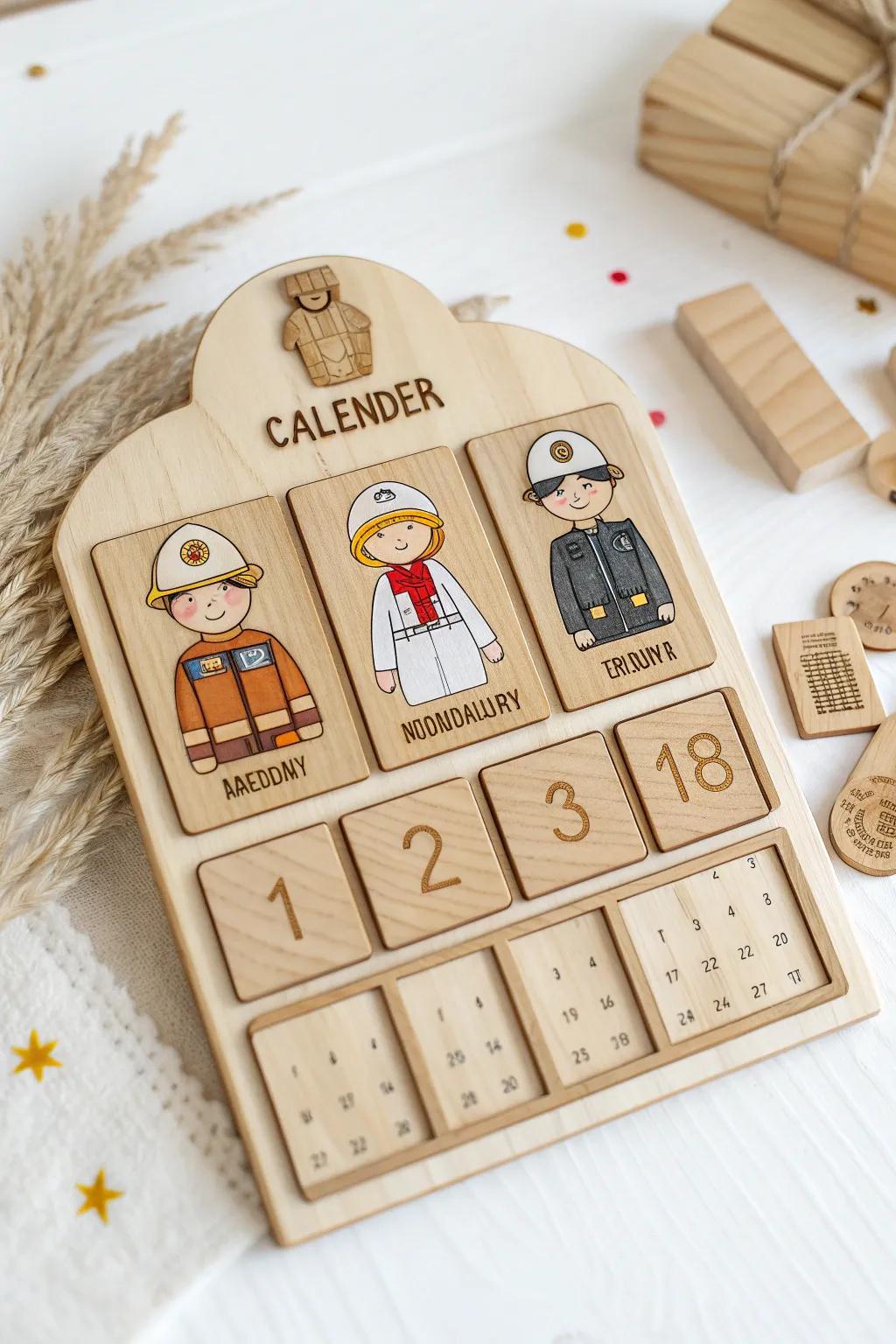 Explore the world of community helpers with this charming wooden calendar, blending Scandinavian simplicity with Boho elegance.