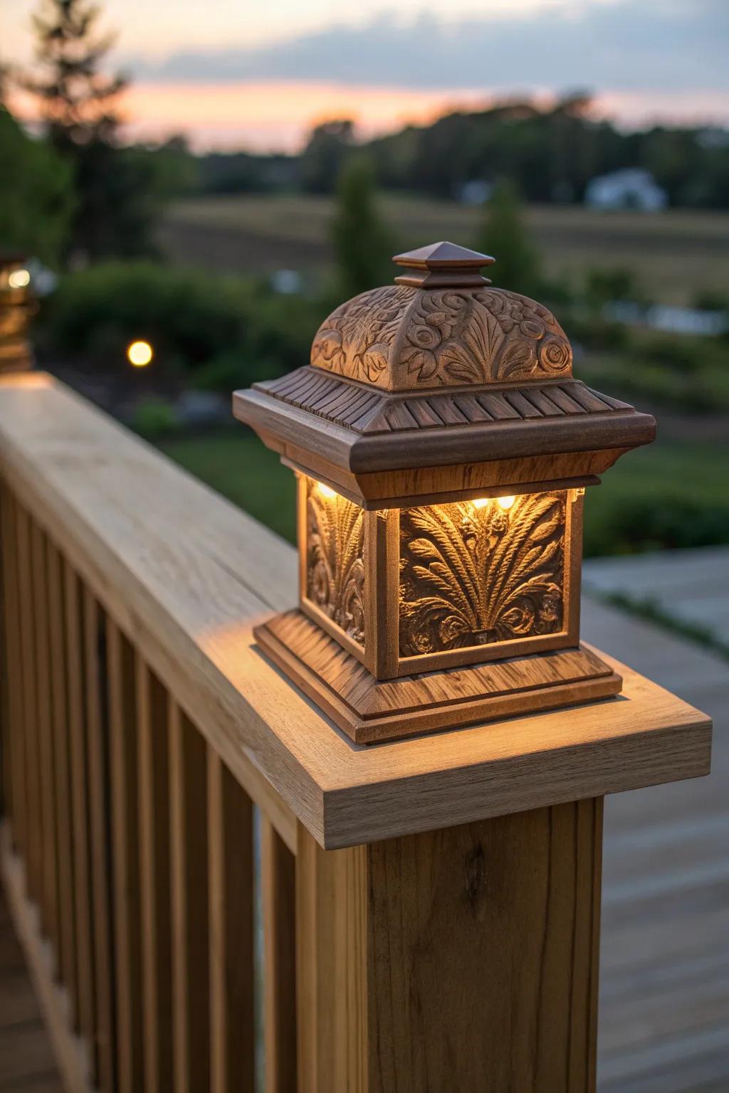 Elevate your deck's elegance with intricately carved solar-lit post caps.