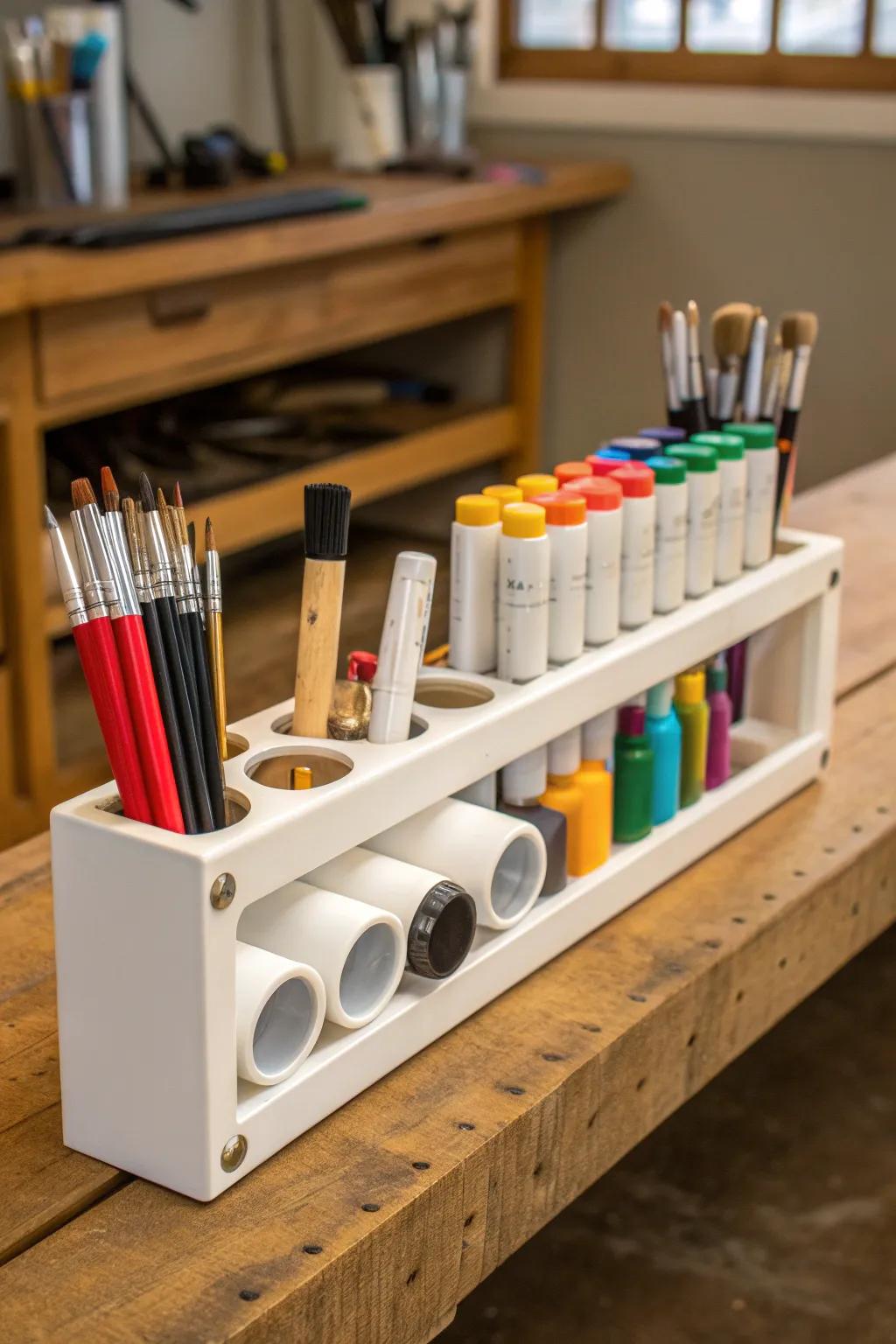 Elevate your creativity with this masterfully crafted PVC arts and crafts station, where style meets organization.