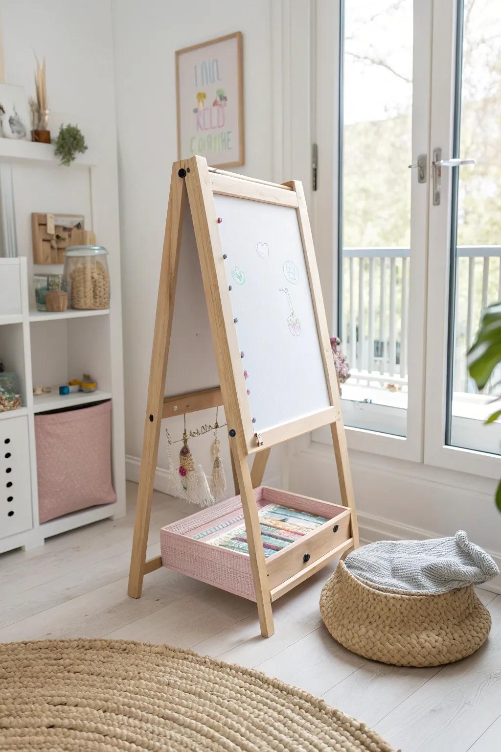 Unleash your child's creativity with this charming repurposed cabinet door easel, where minimalism meets playful imagination.