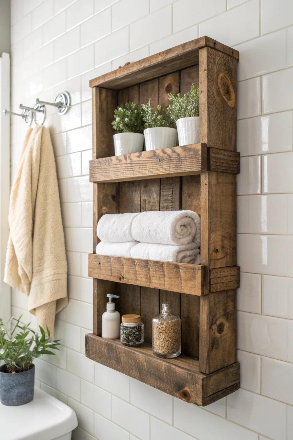 Elevate your bathroom decor with a rustic touch of reclaimed wood elegance.