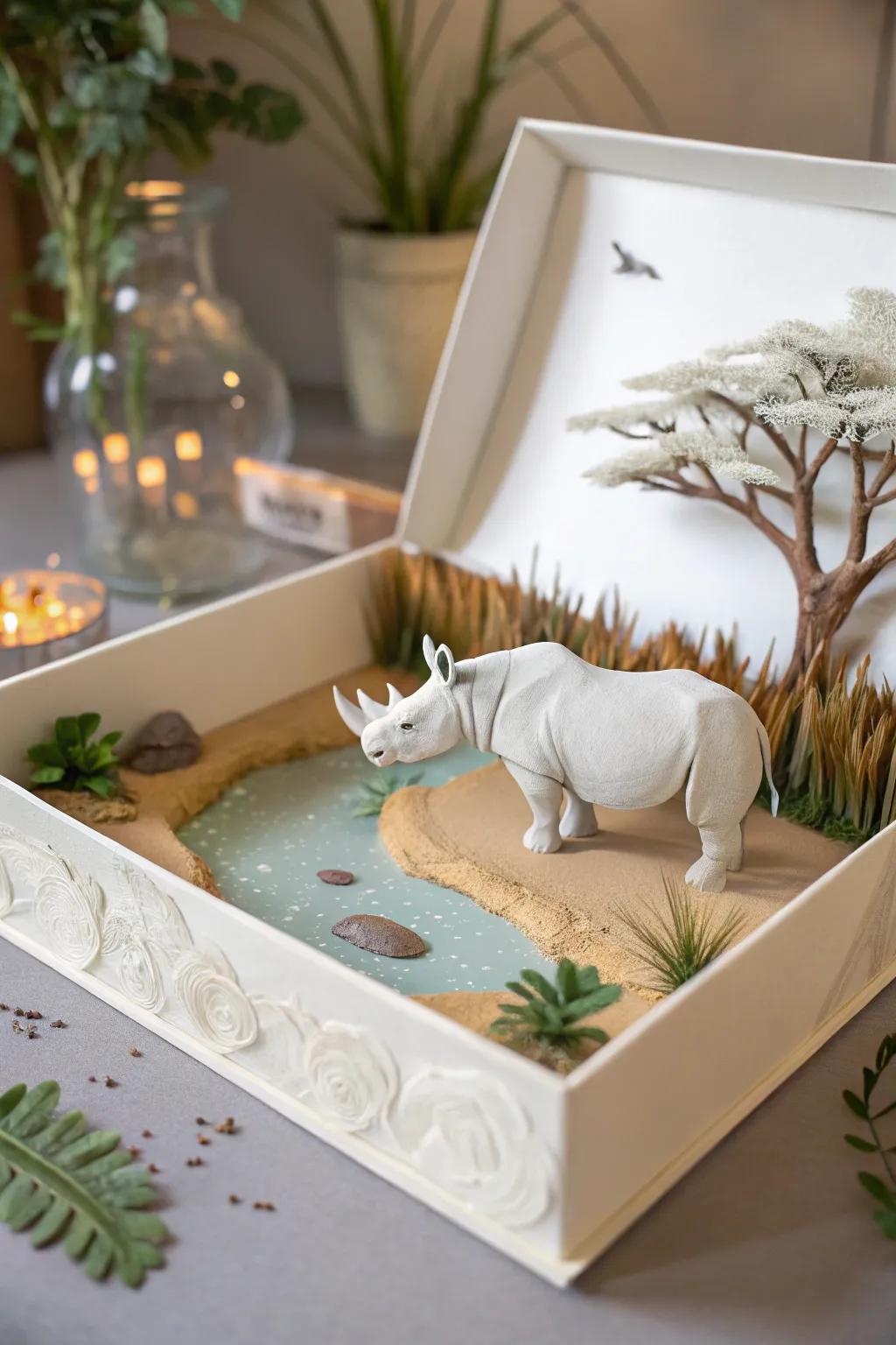 A beautifully crafted rhinoceros stands majestically in a minimalist savanna diorama, embodying strength and elegance.