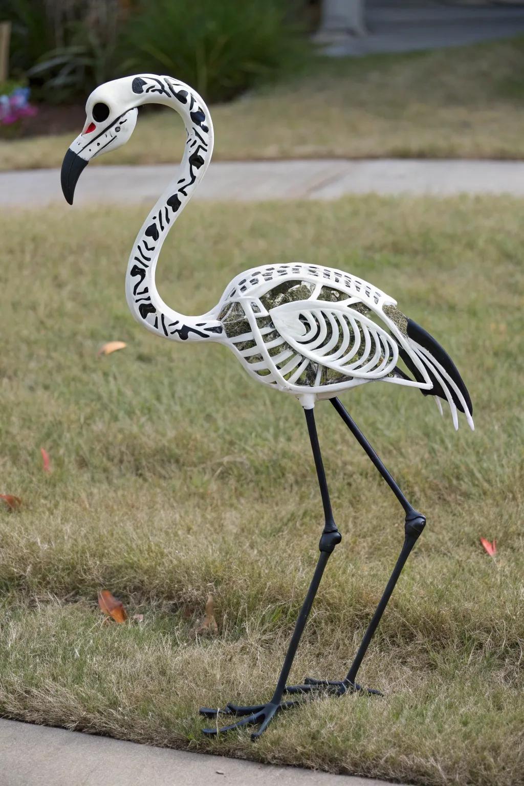Add a whimsical twist to your garden with this skeleton flamingo, where simplicity meets playful creativity.