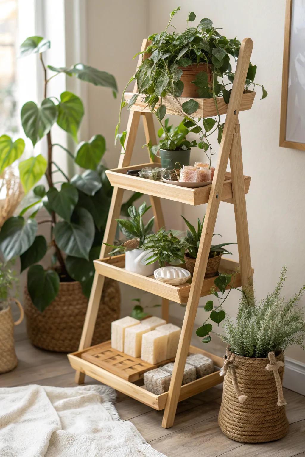 Discover the charm of multifunctional design with this elegant plant stand doubling as a soap curing haven.