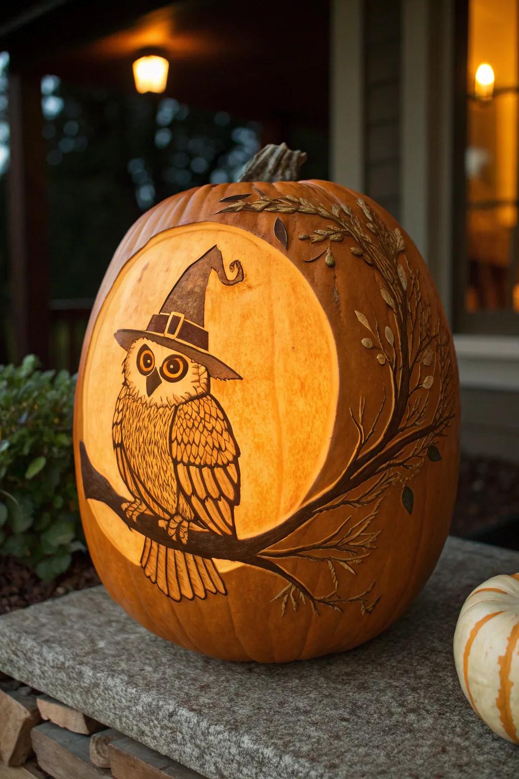 Embrace the art of relaxation with this chilled-out owl pumpkin carving.