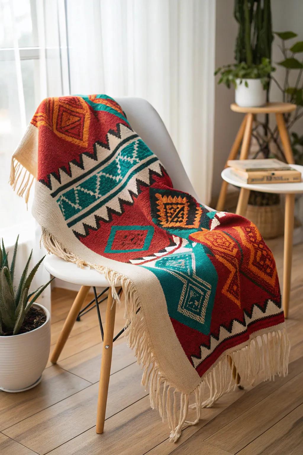 Infuse your space with vibrant heritage: a Mexican-inspired blanket brings warmth and color to minimalist decor.