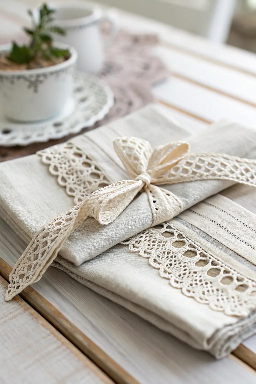 Wrap your tea towels in elegance with a touch of lace charm.