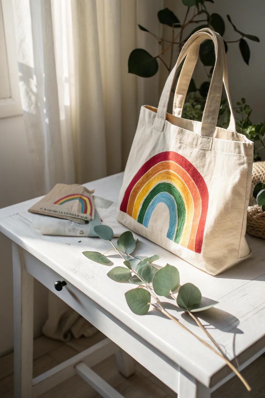 Embrace the joy of colors with this beautifully painted rainbow tote, a blend of simplicity and vibrancy.
