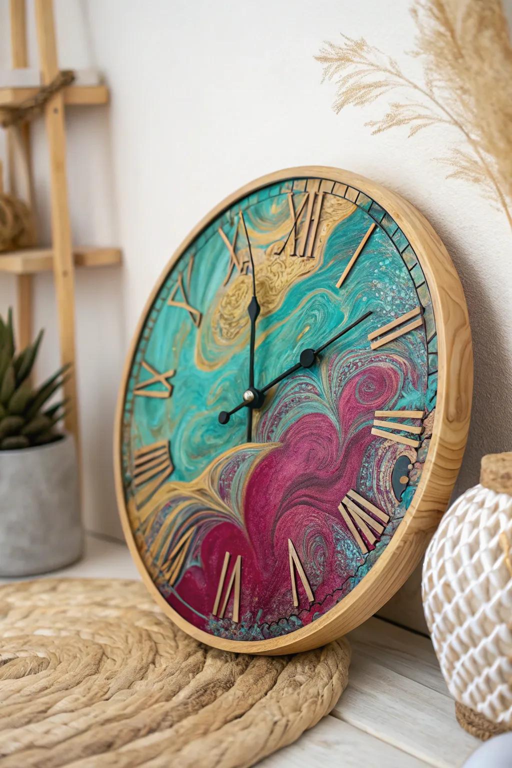Embrace time with a splash of color: a funky wooden clock transformed by Unicorn Spit.