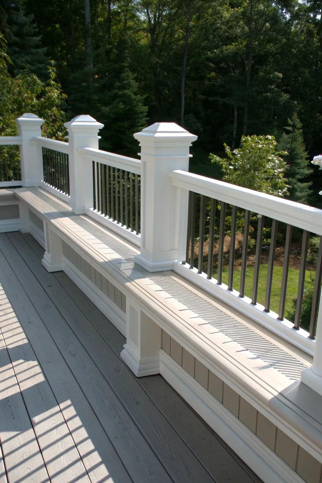 Elevate your deck with a versatile vinyl railing that offers both style and seating.