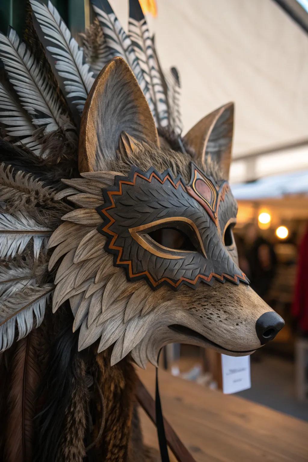 Elevate your masquerade with a wolf mask that combines wild allure and feathered elegance.