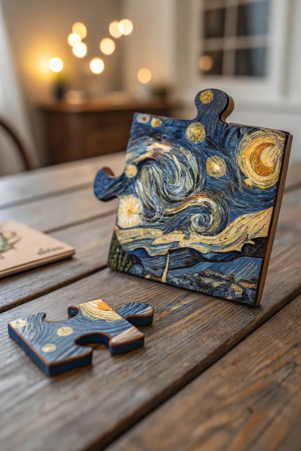 Craftsmanship meets artistry: A wooden puzzle piece inspired by Van Gogh's Starry Night.