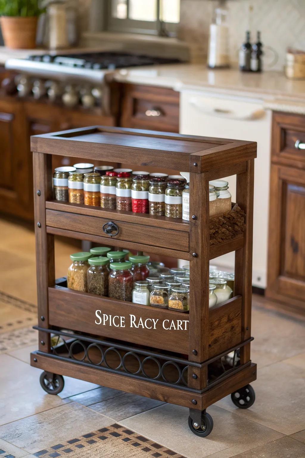 Roll into flavor with this exquisite mobile spice cart—your culinary companion on wheels!