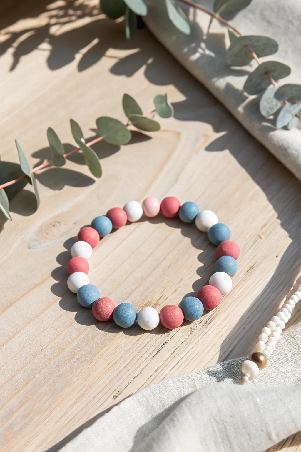 Embrace the softer side of patriotism with this Pastel Patriotic clay bead bracelet – where simplicity meets elegance.