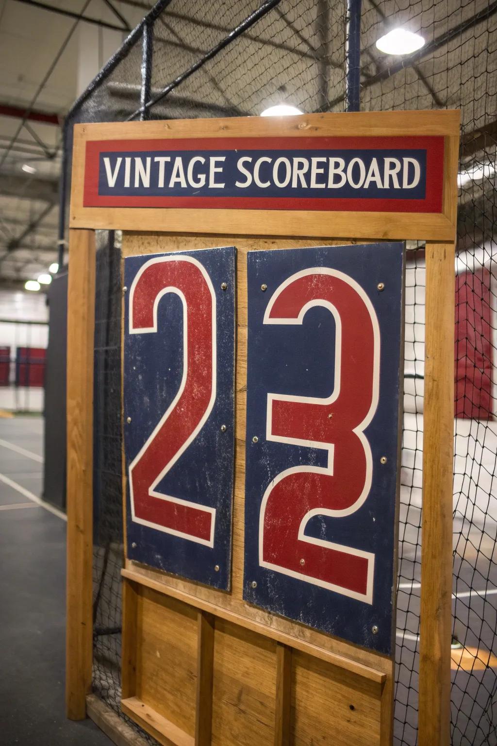 Keep the game exciting with a vintage scoreboard that adds style and fun to your basement batting cage.