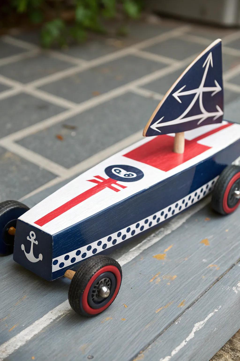 Set sail with style: Elevate your derby game with this striking nautical boat design!