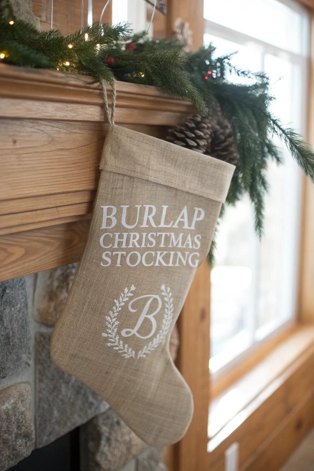Elevate your holiday décor with a touch of rustic elegance: Personalized burlap Christmas stockings for a farmhouse festive vibe. 🎄✨