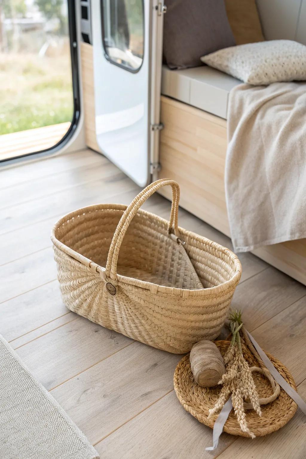 Embrace simplicity and style with collapsible baskets for your camper.