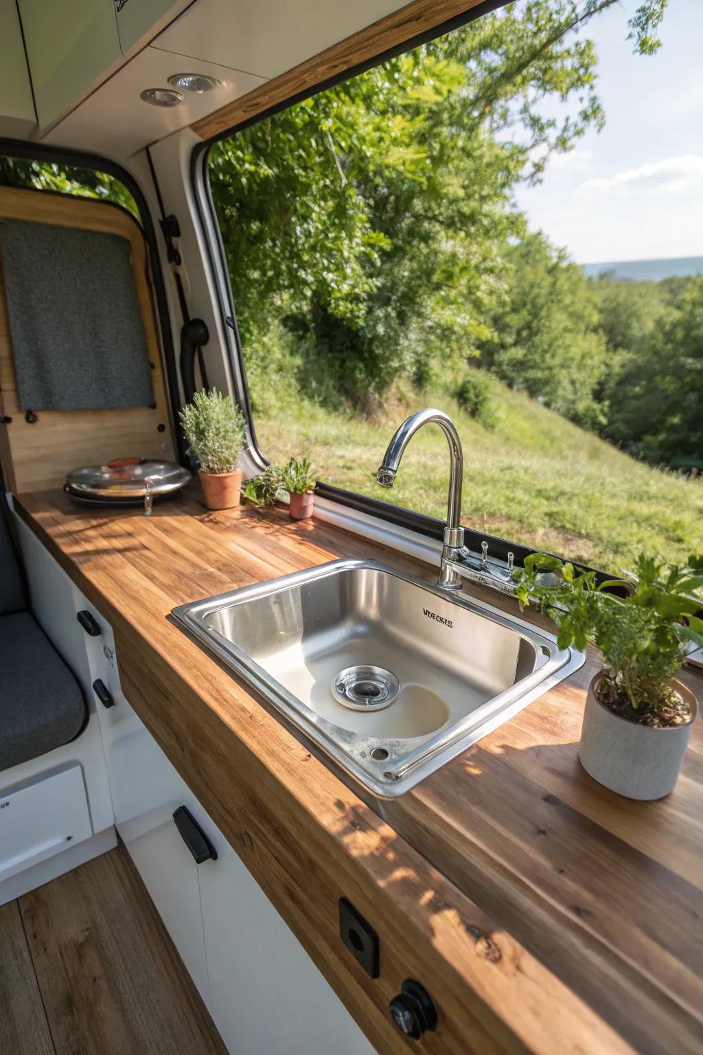 Embrace the art of al fresco dishwashing with a minimalist campervan sink that brings the beauty of nature to your fingertips.