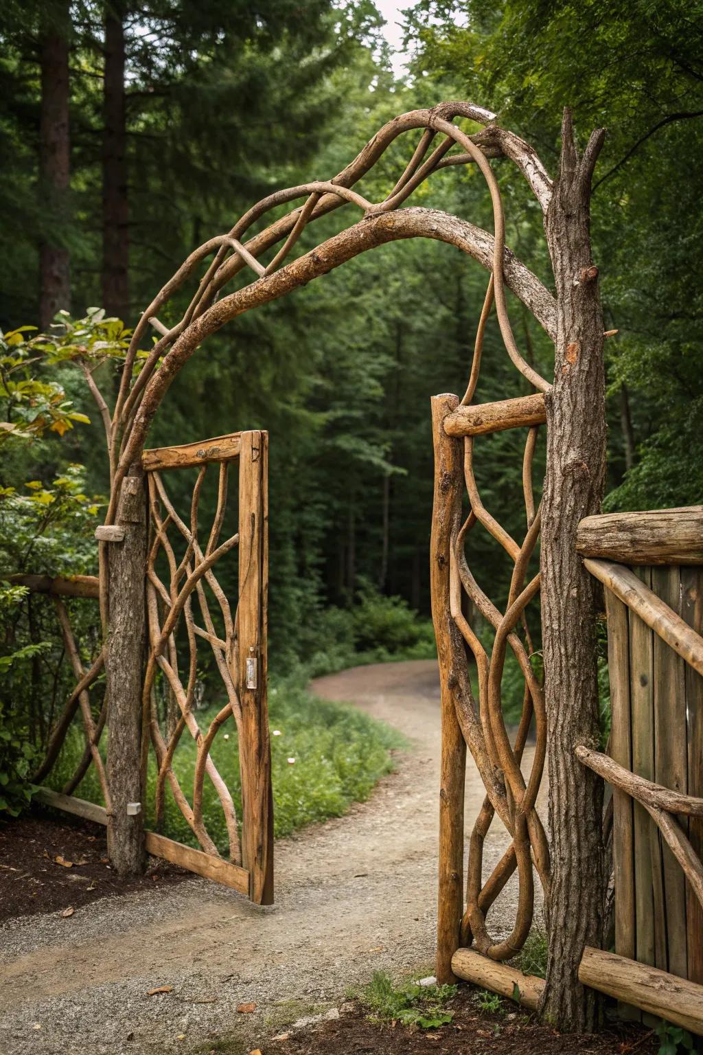 Nature's Craftsmanship: A Rustic Branch Gate that Seamlessly Blends Into Its Woodland Surroundings.