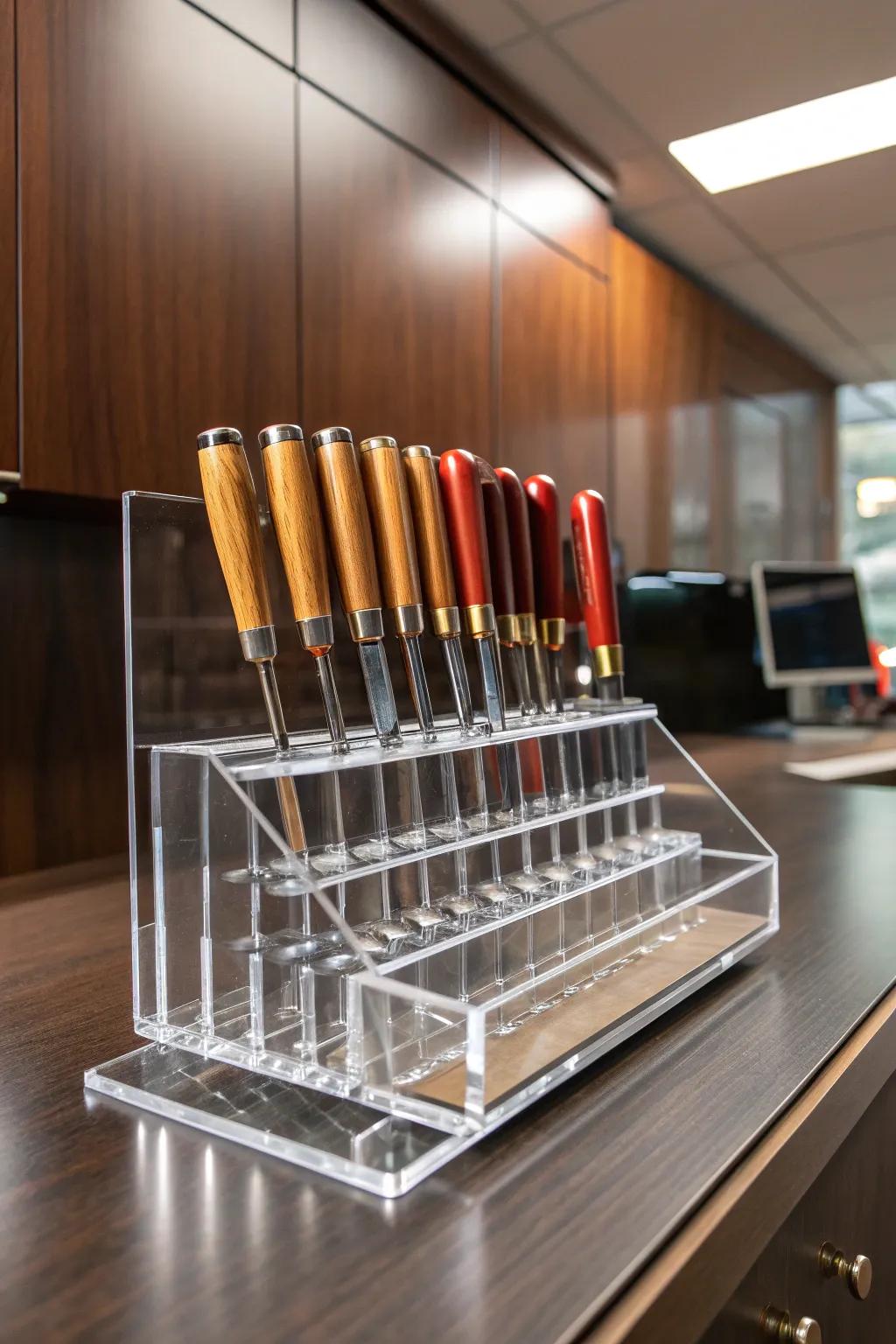 Elevate your workspace with modern clarity and craftsmanship: clear acrylic organizers for your chisels.