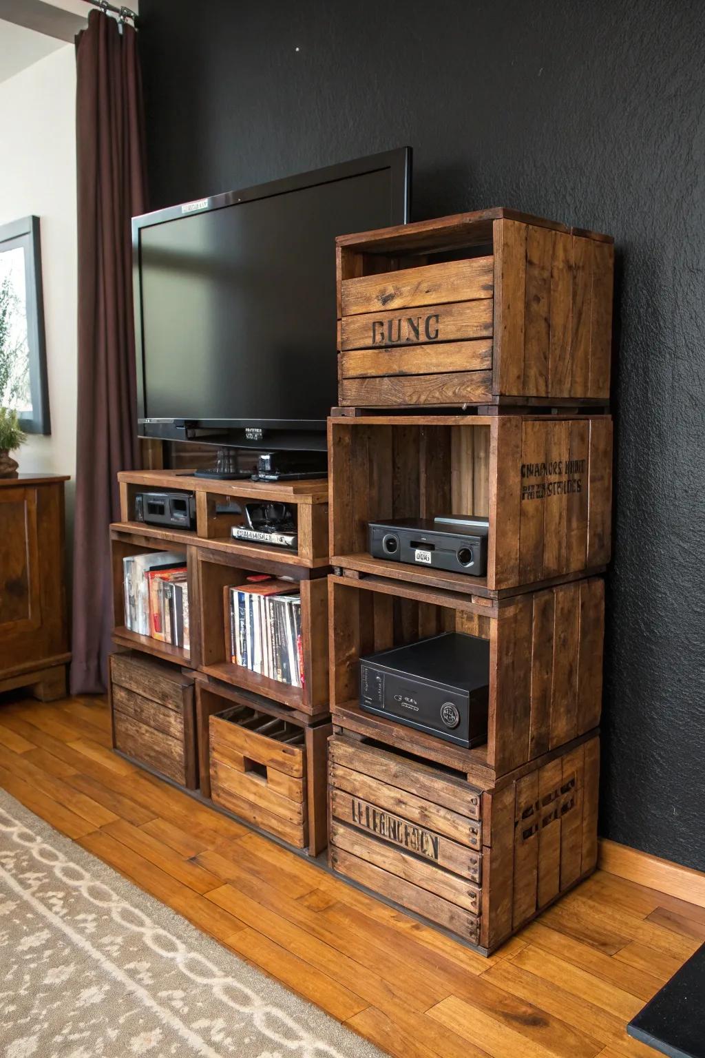 Elevate your media center with a handcrafted crate TV stand that blends rustic charm with modern minimalism.