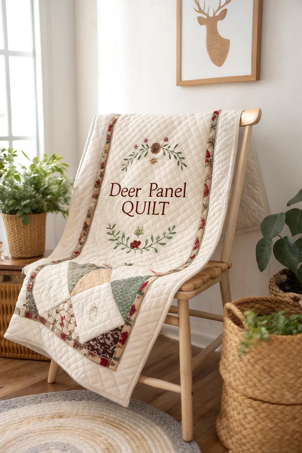 Add a personal touch to your deer quilt with elegant embroidered details, perfect for a cherished keepsake.