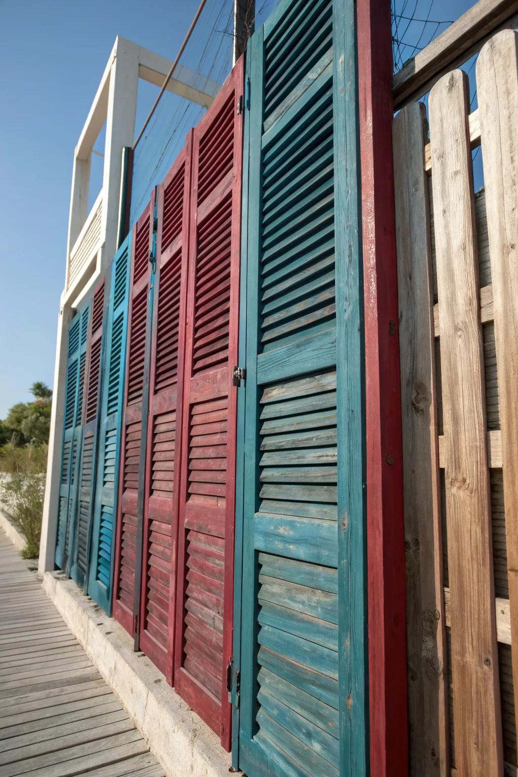 Transform your outdoor space with a bold and vibrant privacy fence made from repurposed shutters!
