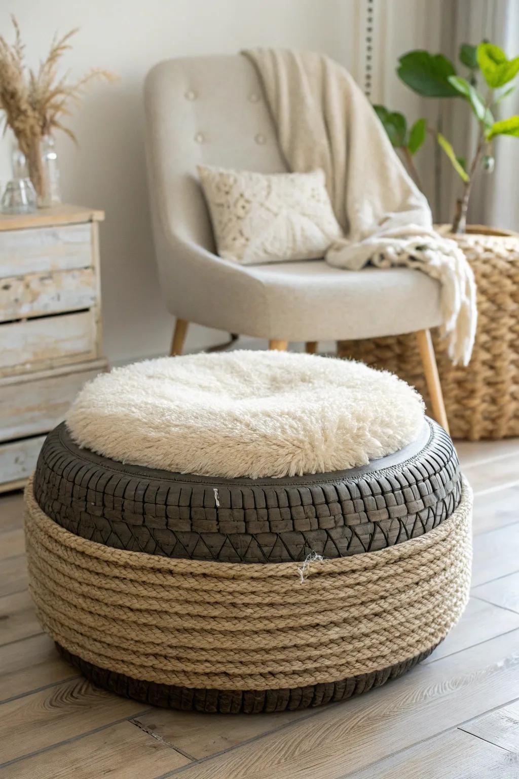 Transform a simple tire into a stunning Scandinavian-Boho ottoman for your space!