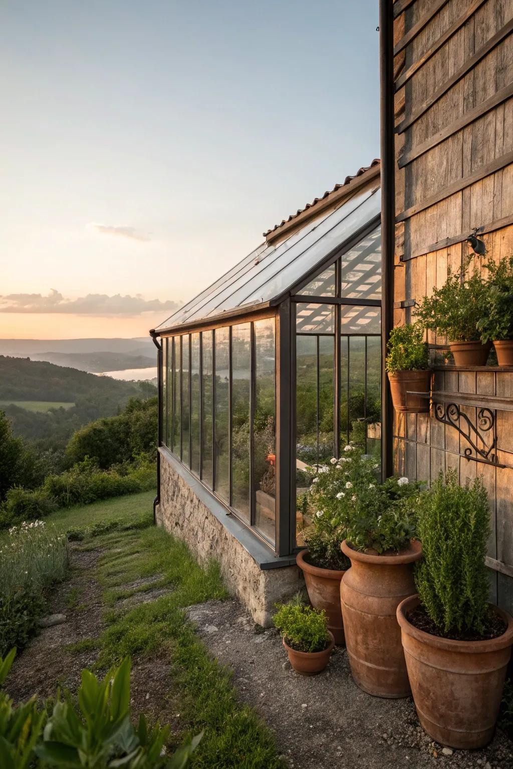 Embrace tranquility with a lean-to greenhouse that offers breathtaking views and a retreat into nature.