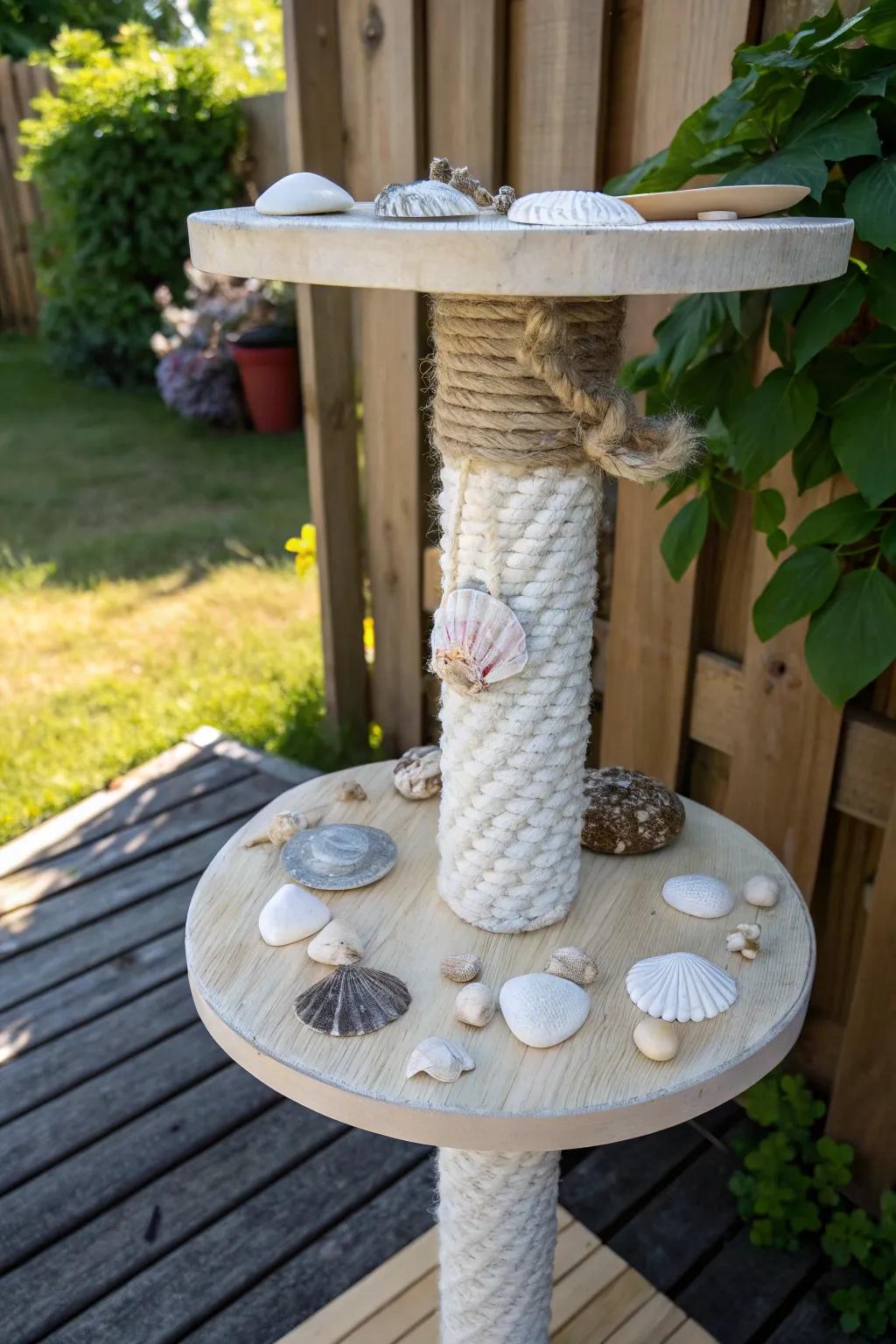 Add a touch of seaside charm to your outdoor cat tree with elegant seashell decorations.