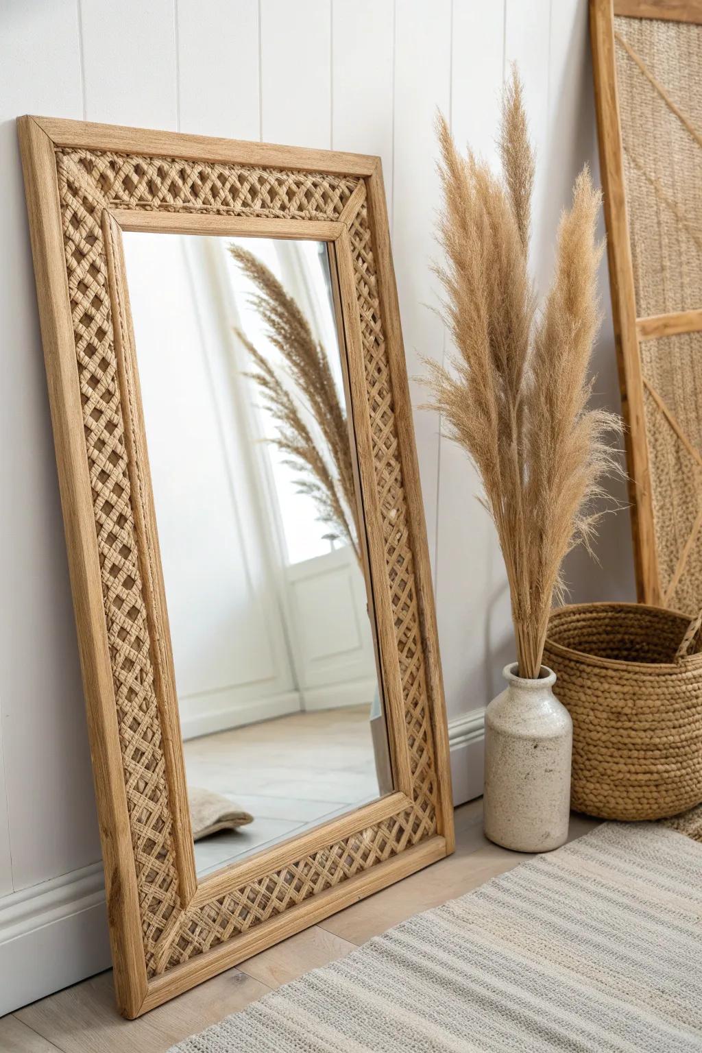 Elevate your space with this DIY woven wood mirror frame—a perfect blend of Scandinavian simplicity and boho warmth.